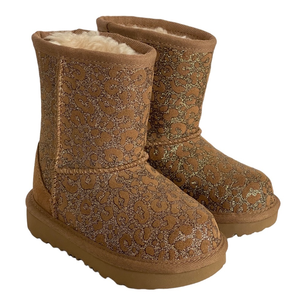 UGG Toddler Girls Classic II Leopard Glitter Metallic Brown Tan Size 7 New WOB